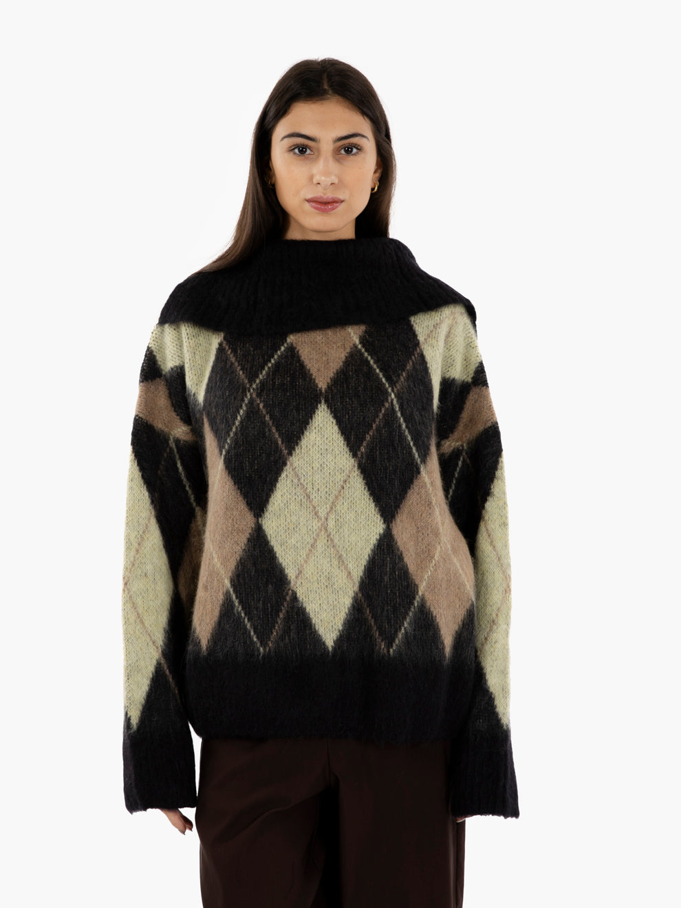 Maglione losanghe nero / castagna