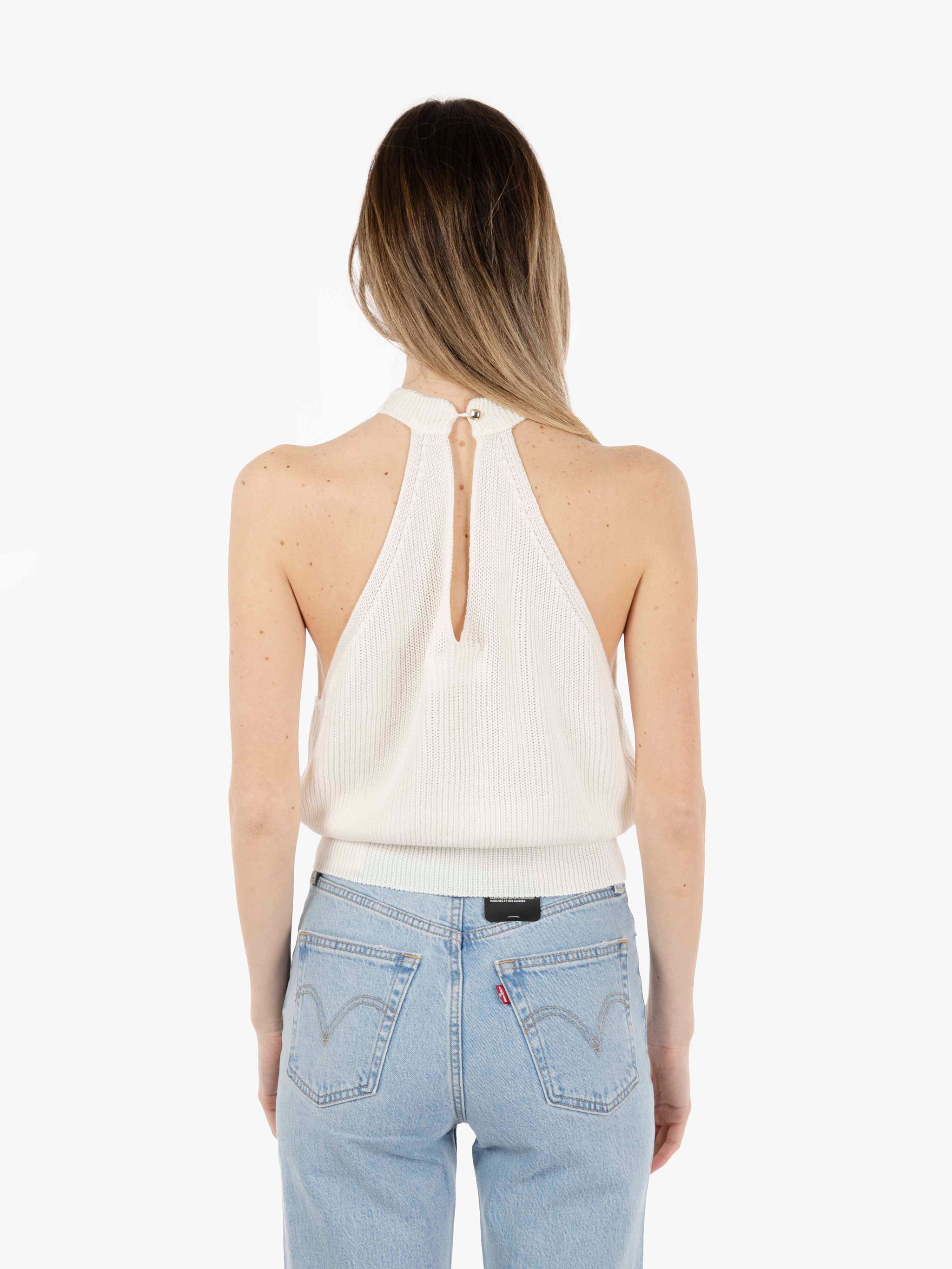 Top in maglia apertura sul retro bianco