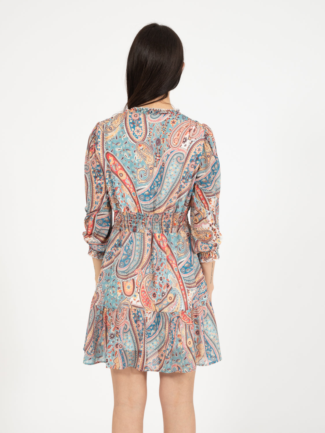 Short dress with smock band in cashmere pattern