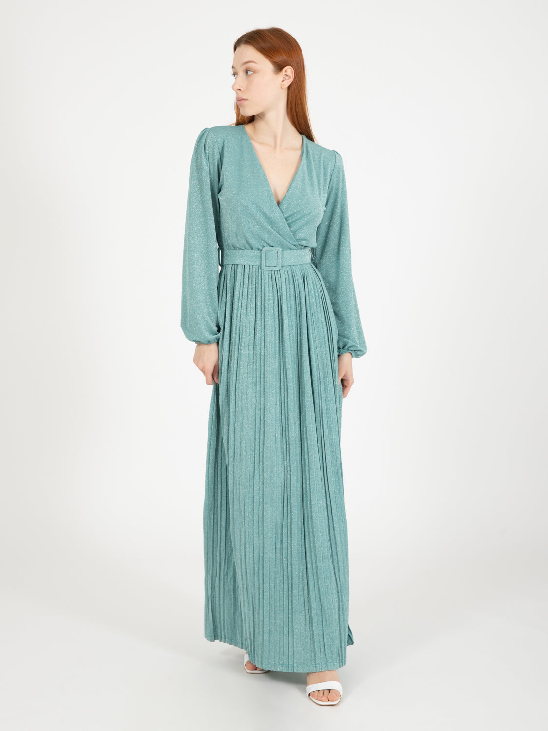 Aquamarine/silver pleated long dress