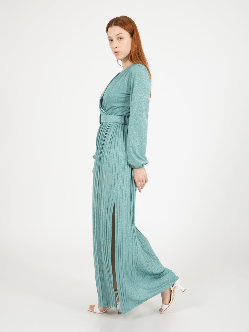 Aquamarine/silver pleated long dress