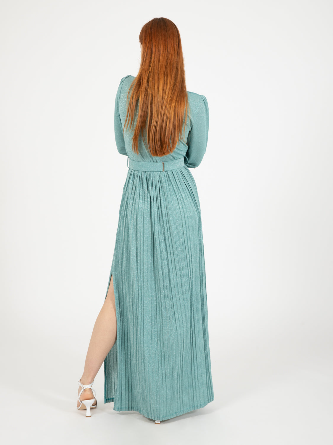 Aquamarine/silver pleated long dress