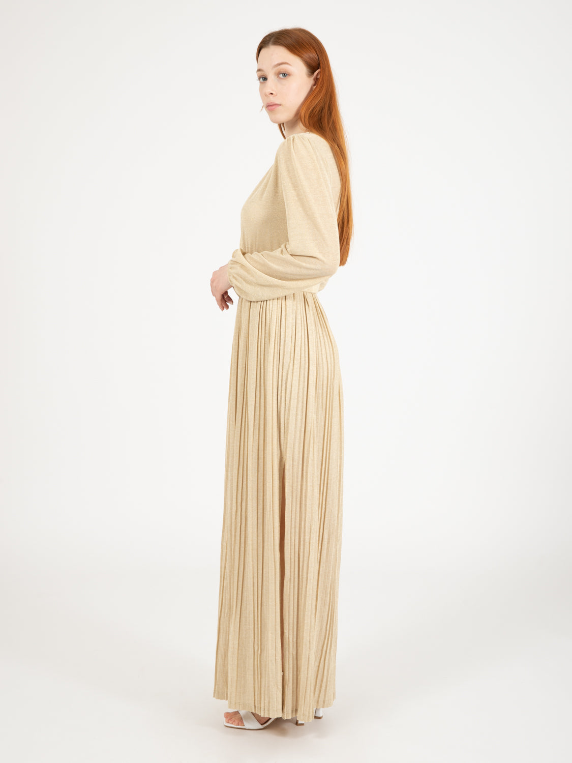 Cream/gold pleated long dress