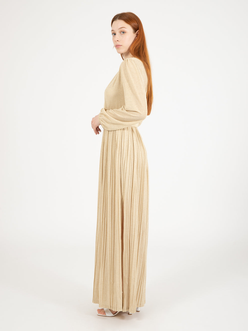 Cream/gold pleated long dress