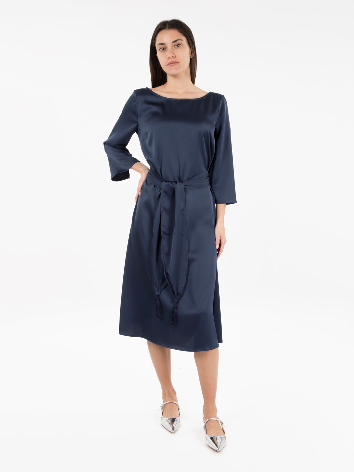 Blue Satin Midi Dress
