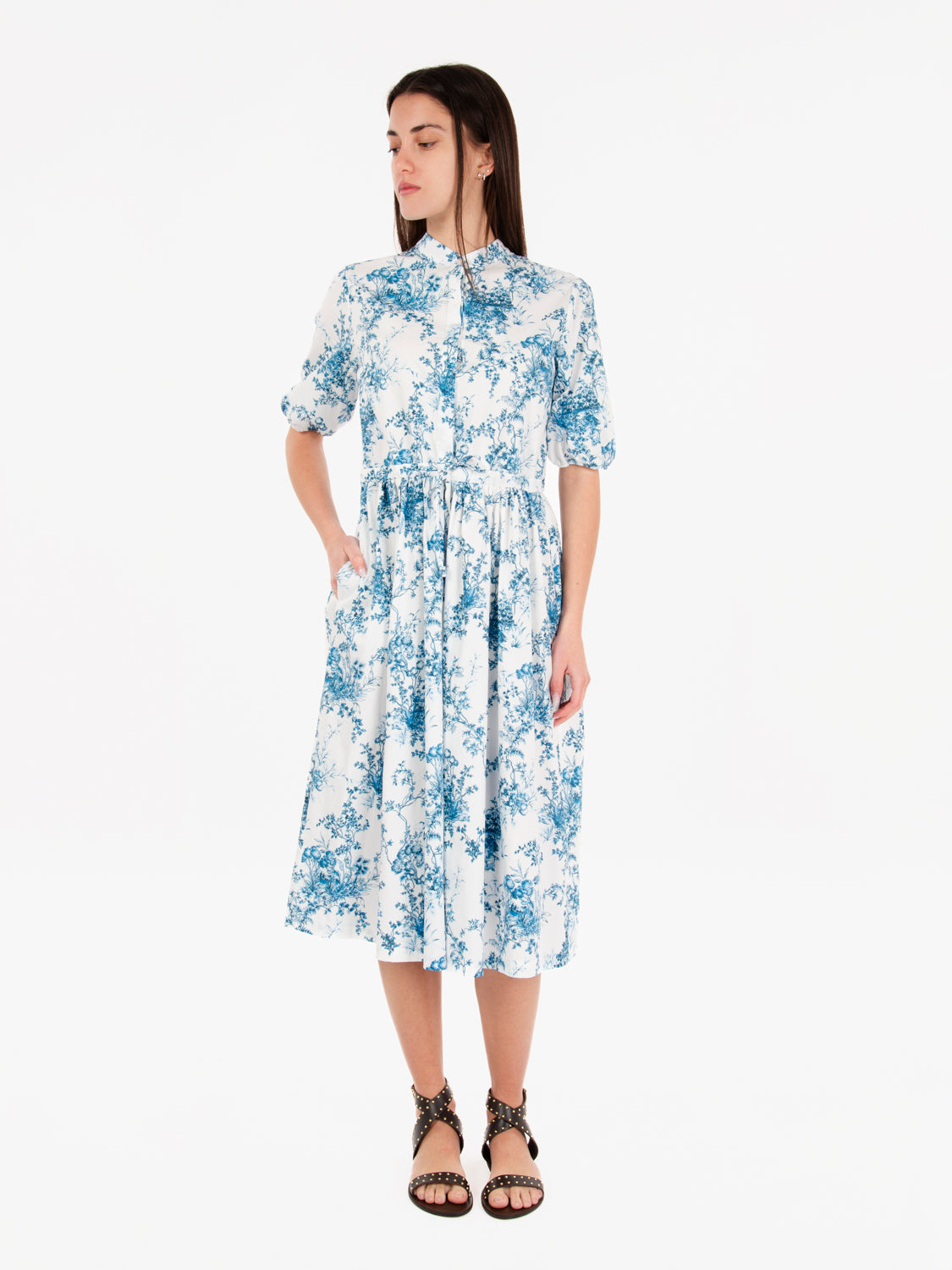 Blue/White Floral Print Midi Dress