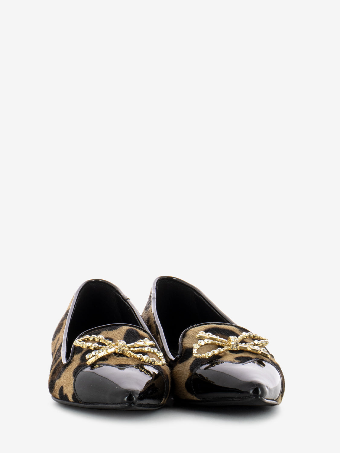 Animal print ponyskin ballerinas with black patent toe