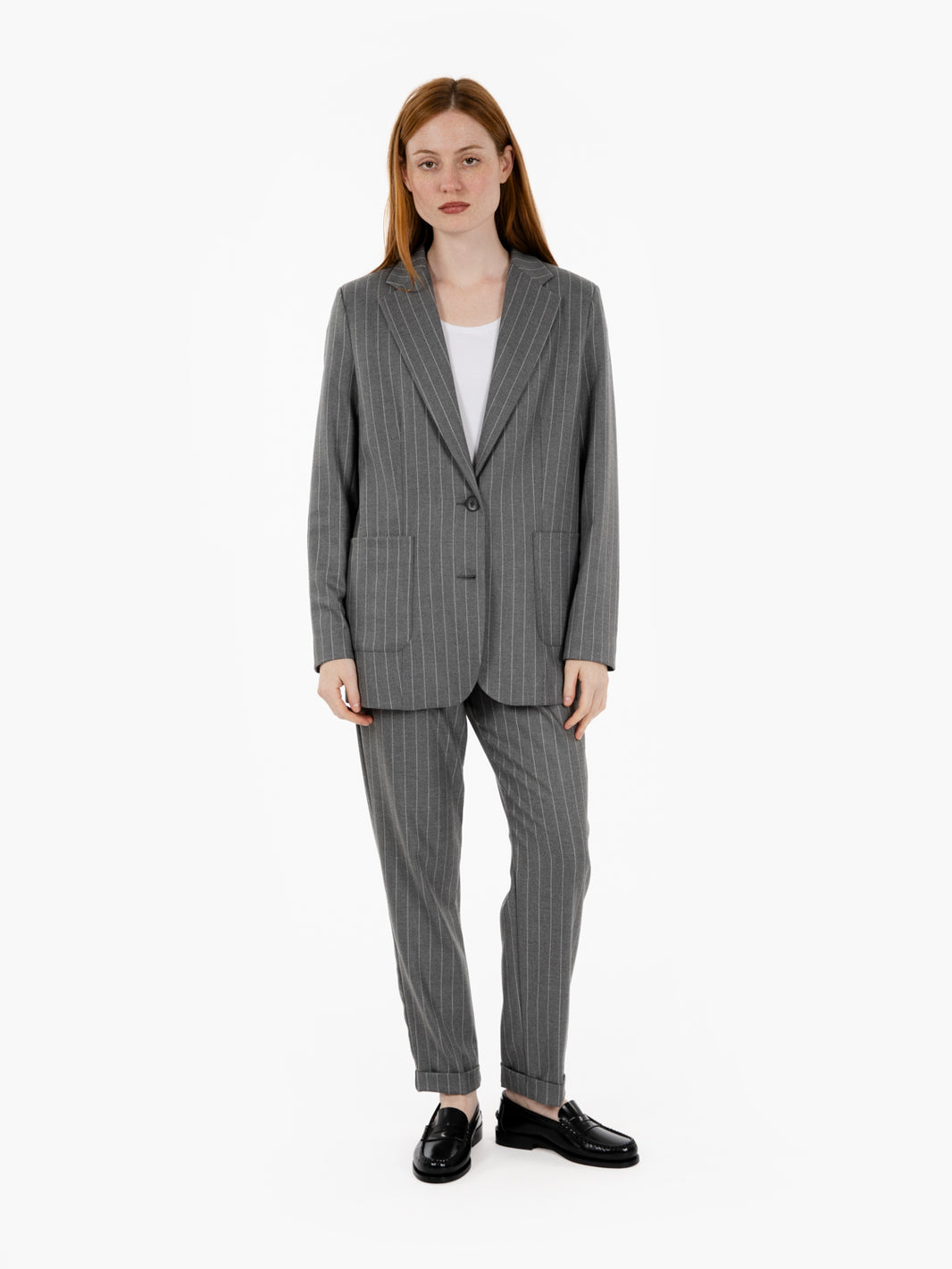 Grey pinstriped cigarette trousers