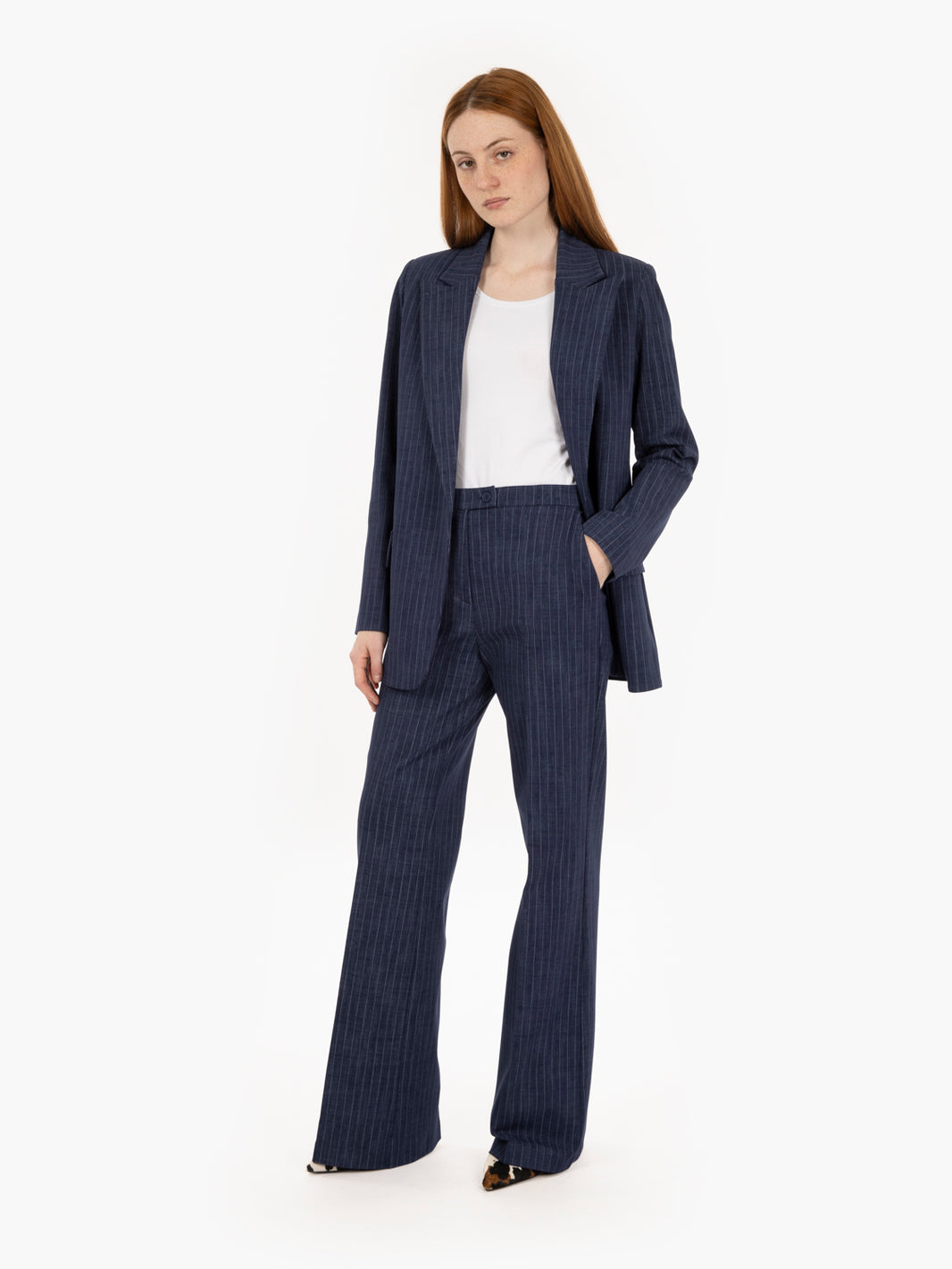 Blue pinstriped straight leg trousers