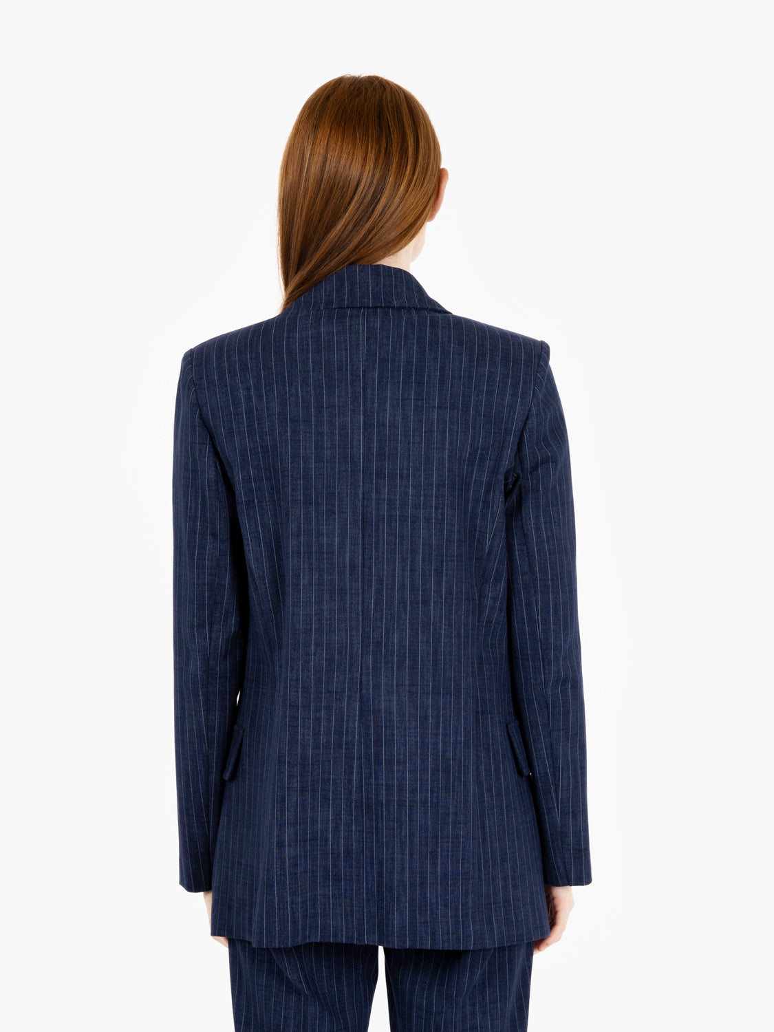 Blazer senza bottoni blu gessato