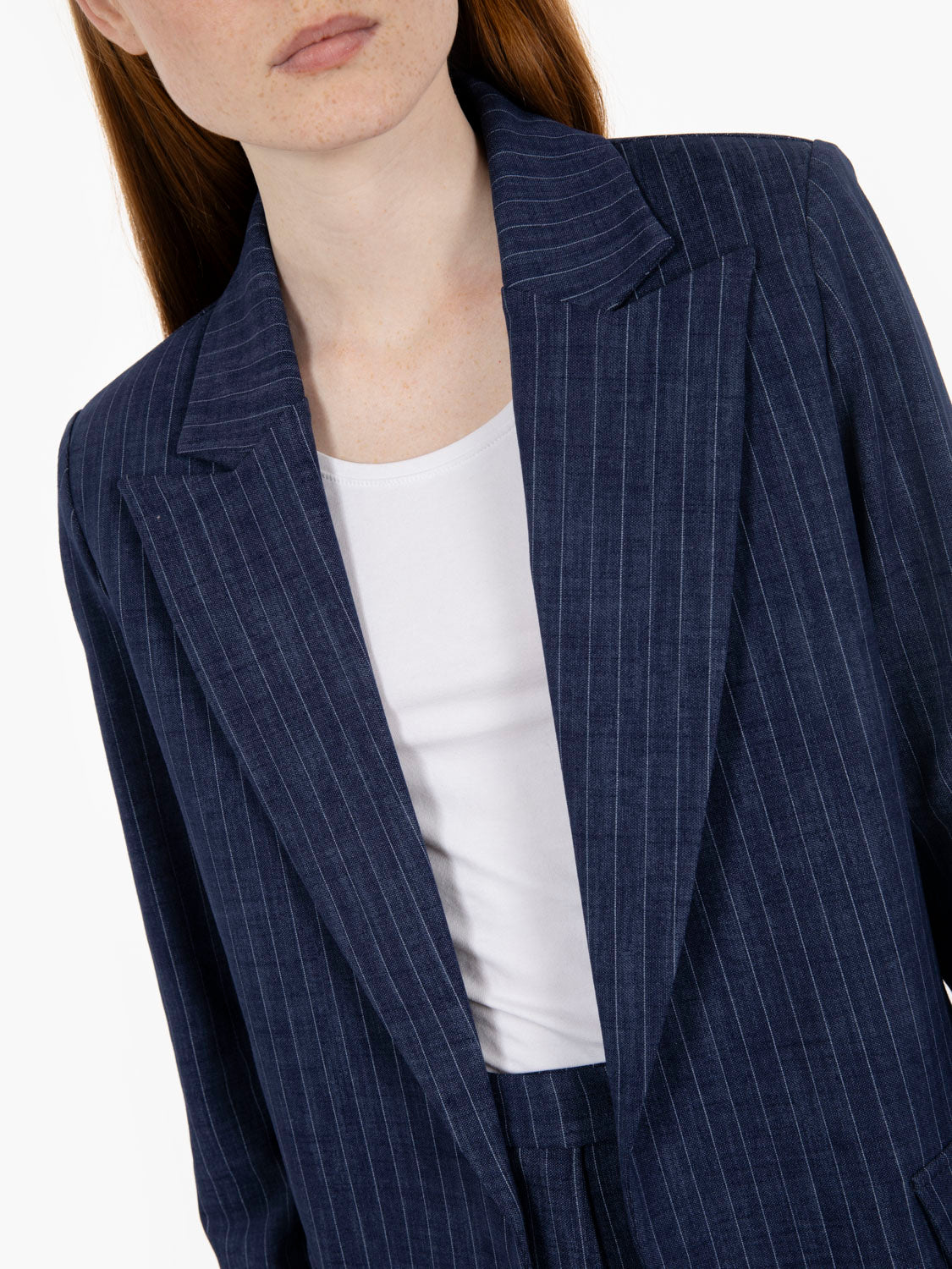 Blazer senza bottoni blu gessato