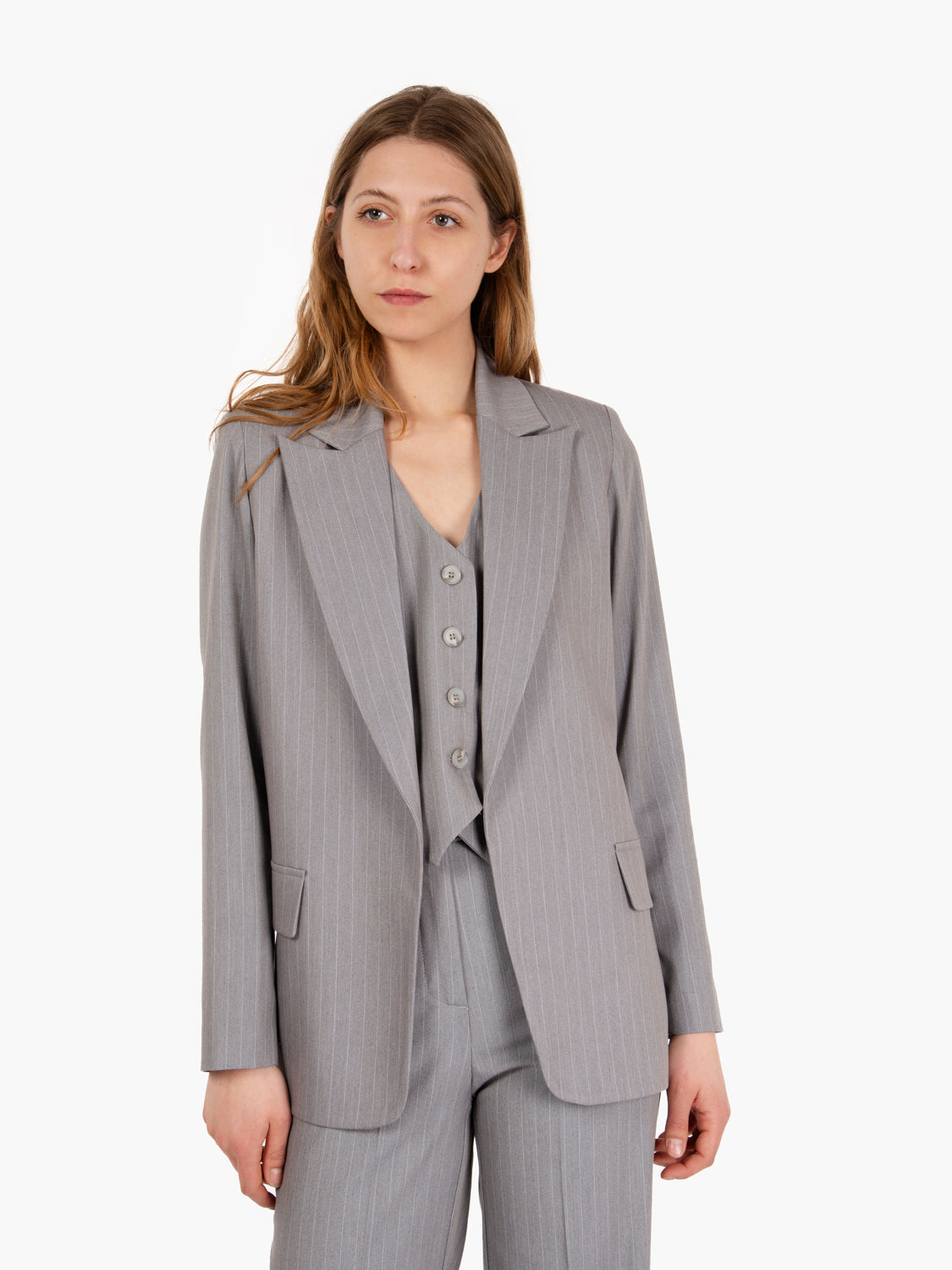 Blazer senza bottoni grigio gessato