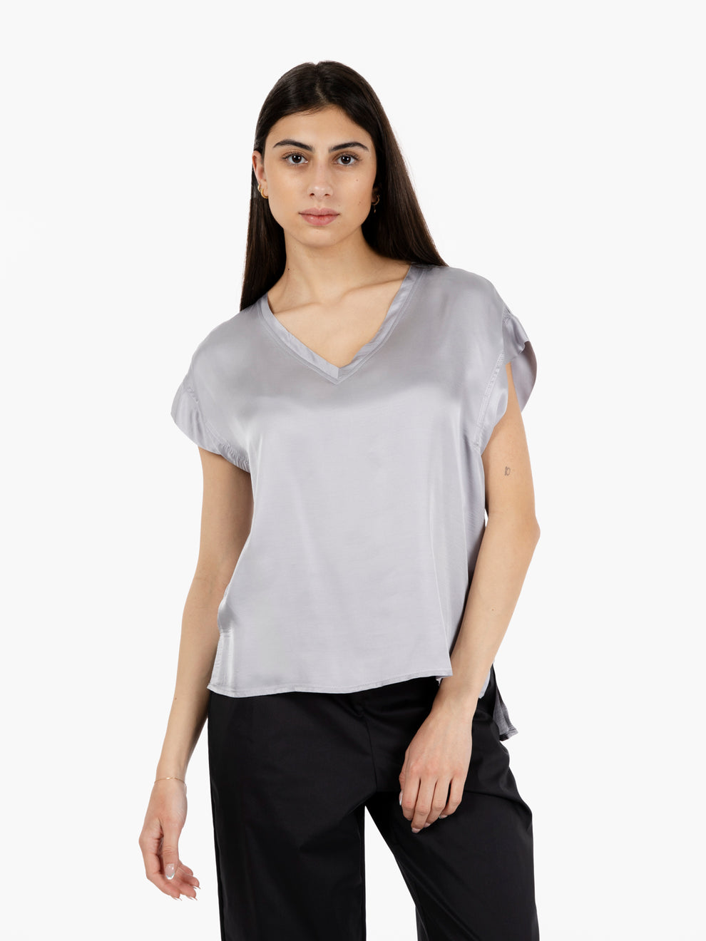 Pearl V-Neck Satin Blouse
