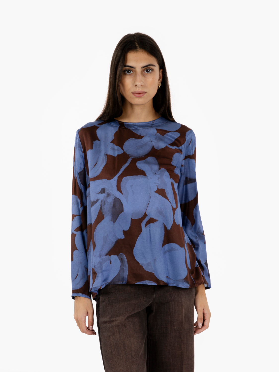Blusa in seta e viscosa fantasia azzurro / marrone Blusa in seta e viscosa fantasia azzurro / marrone