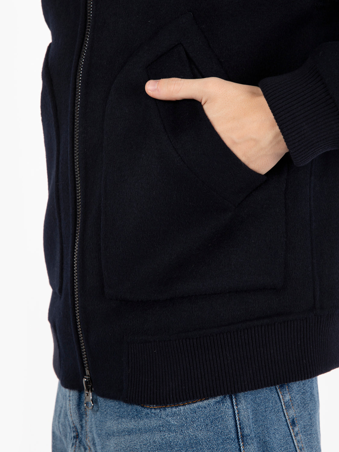 Bomber con zip in lana navy