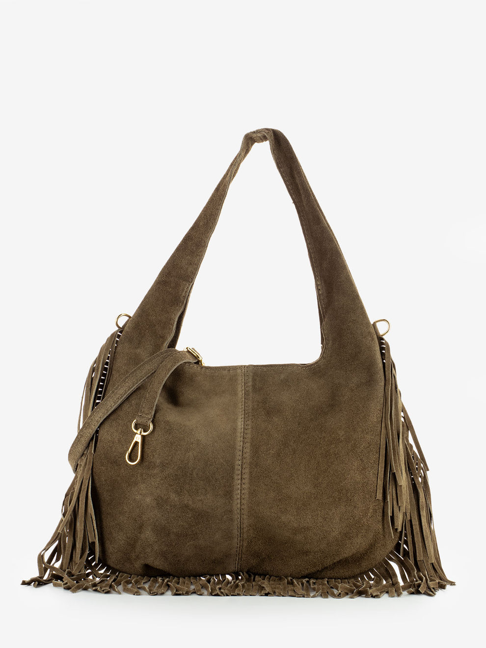 Borsa con frange in camoscio taupe