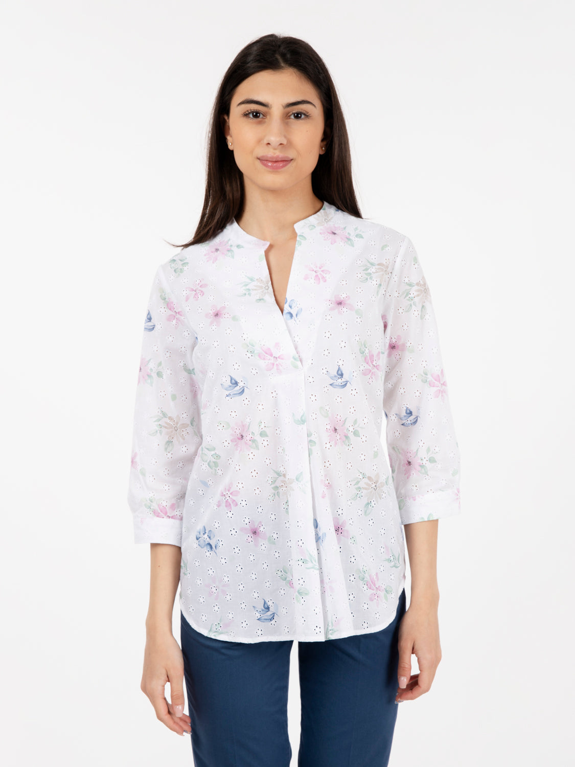 White/pink/green floral patterned sangallo shirt