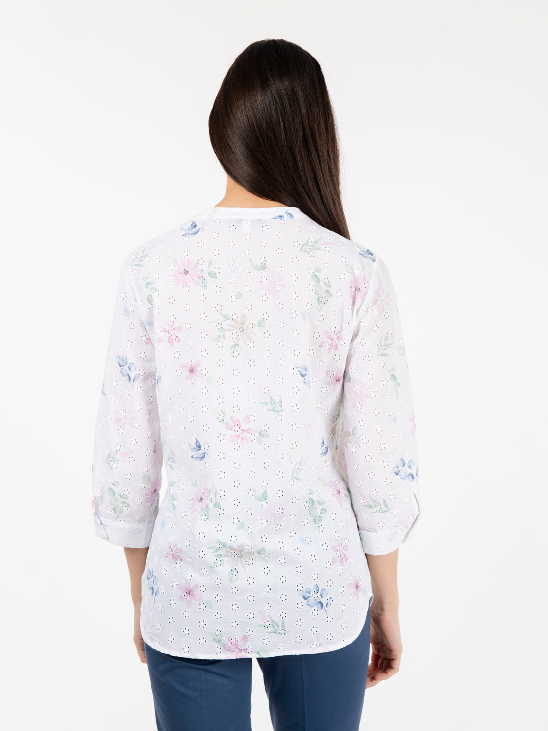 White/pink/green floral patterned sangallo shirt