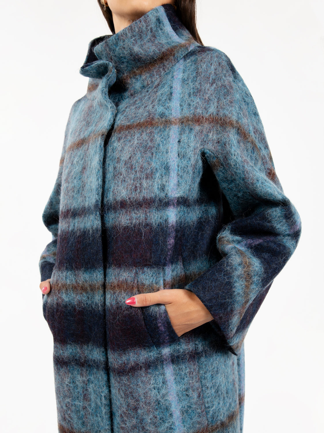 Cappotto a ovetto fantasia check azzurro