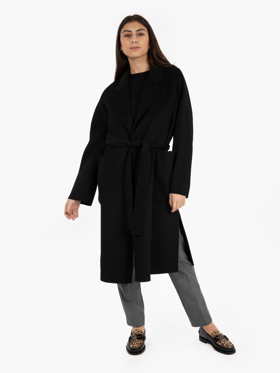 Cappotto lungo con cintura nero