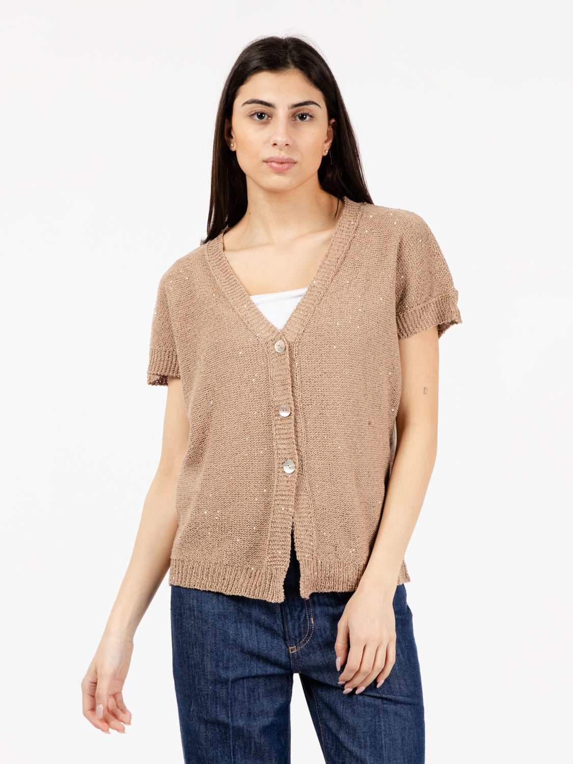 Beige short sleeve cardigan