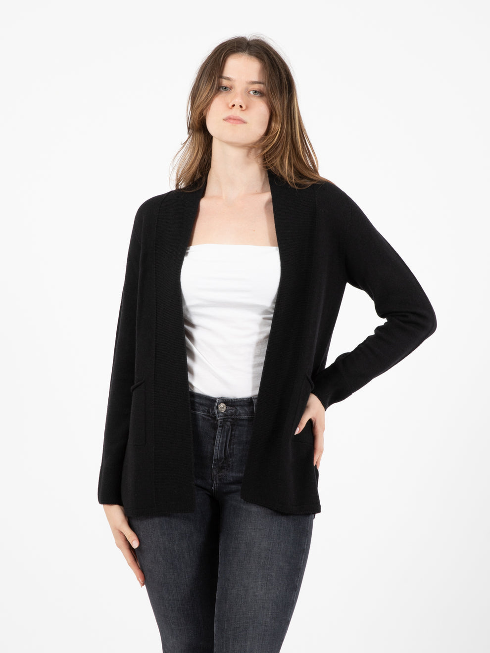 Black wool open cardigan