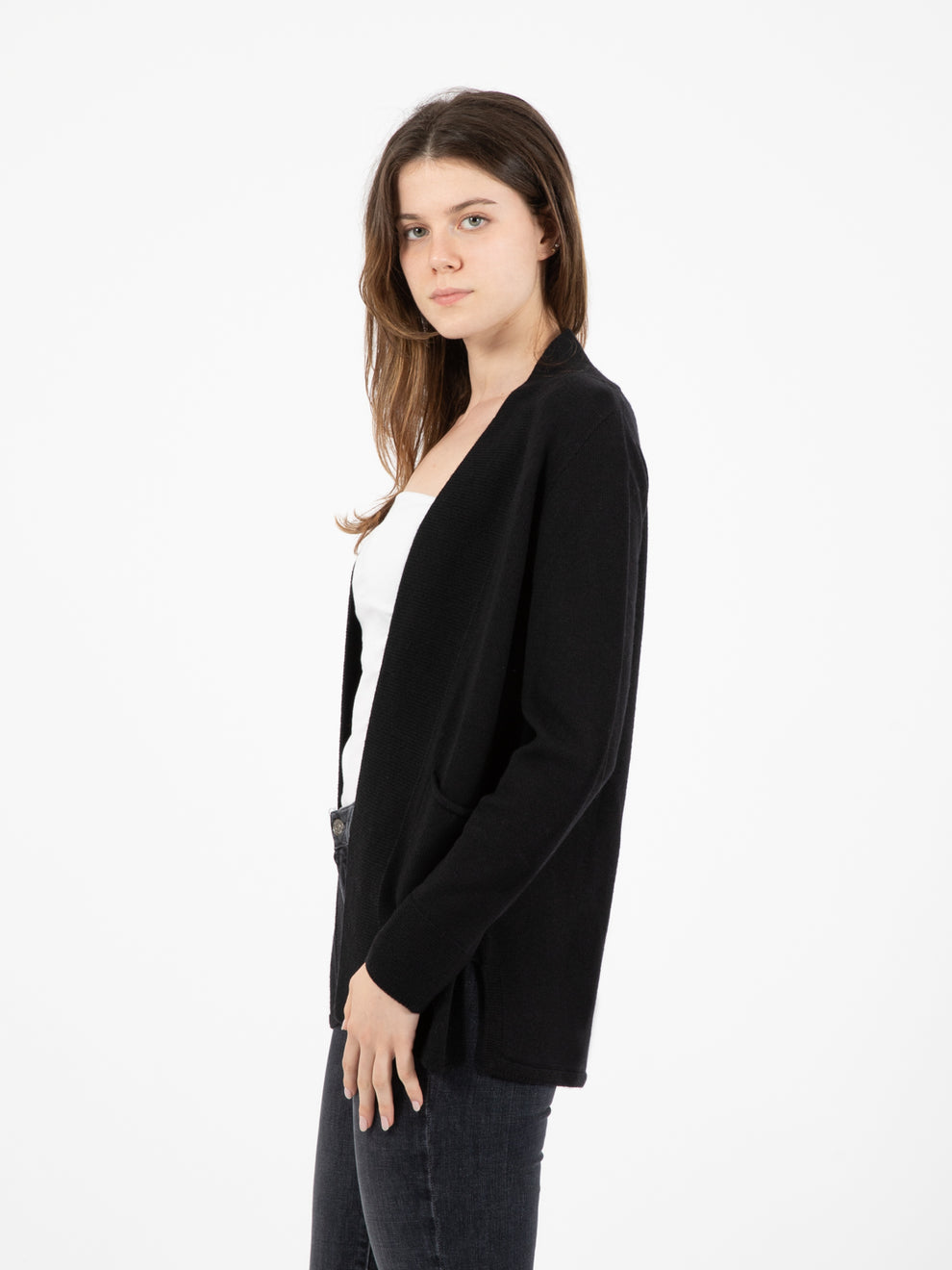 Black wool open cardigan