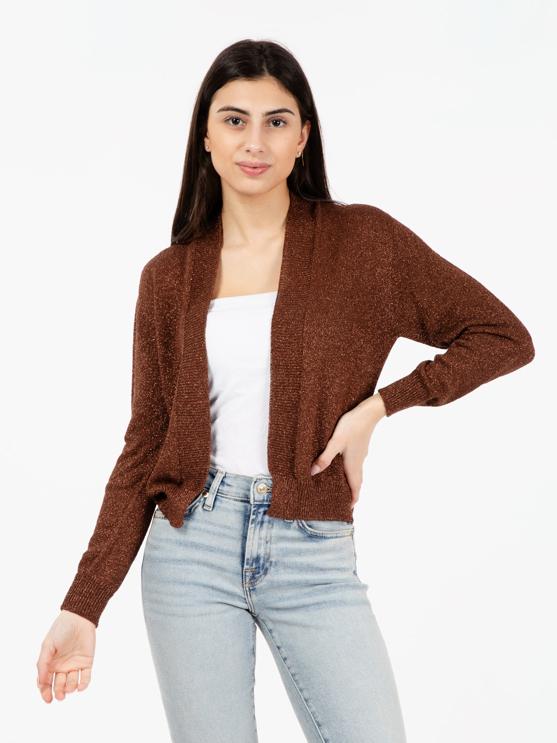 Tobacco lurex open cardigan