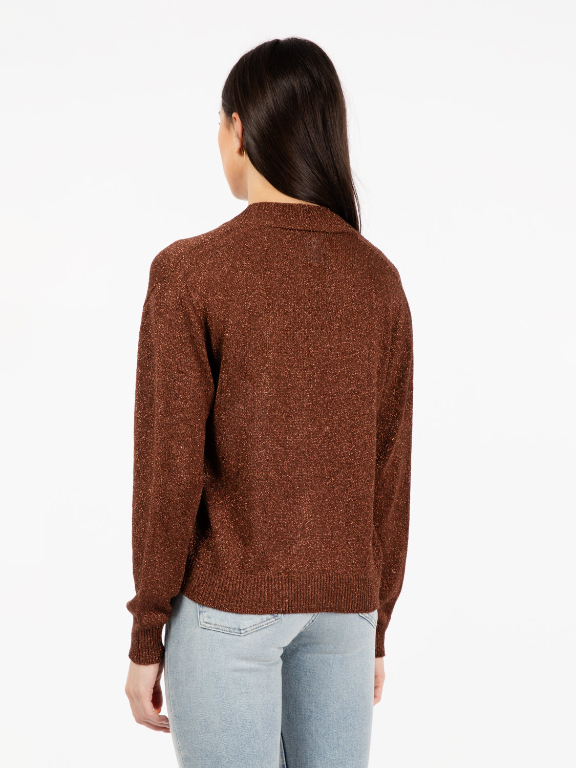 Tobacco lurex open cardigan