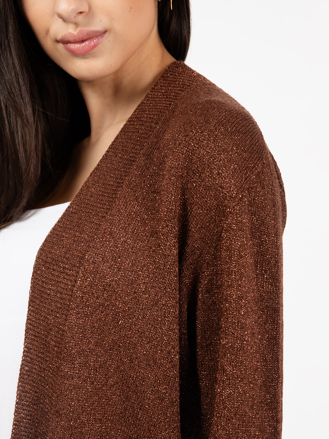 Tobacco lurex open cardigan