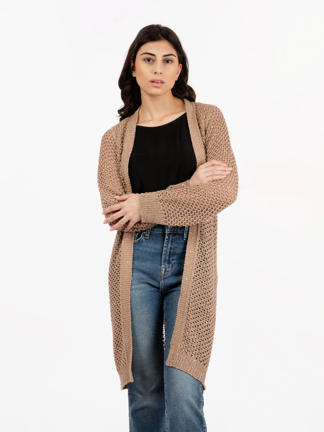 Beige open long cardigan