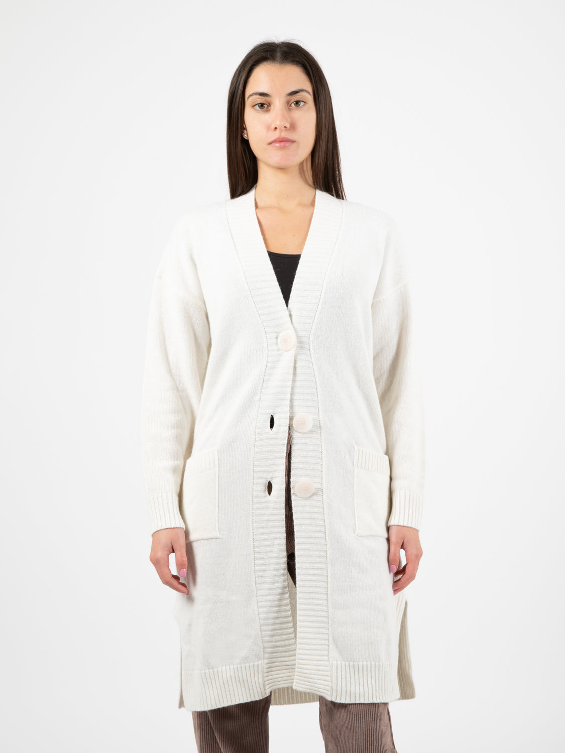 Long white buttoned cardigan