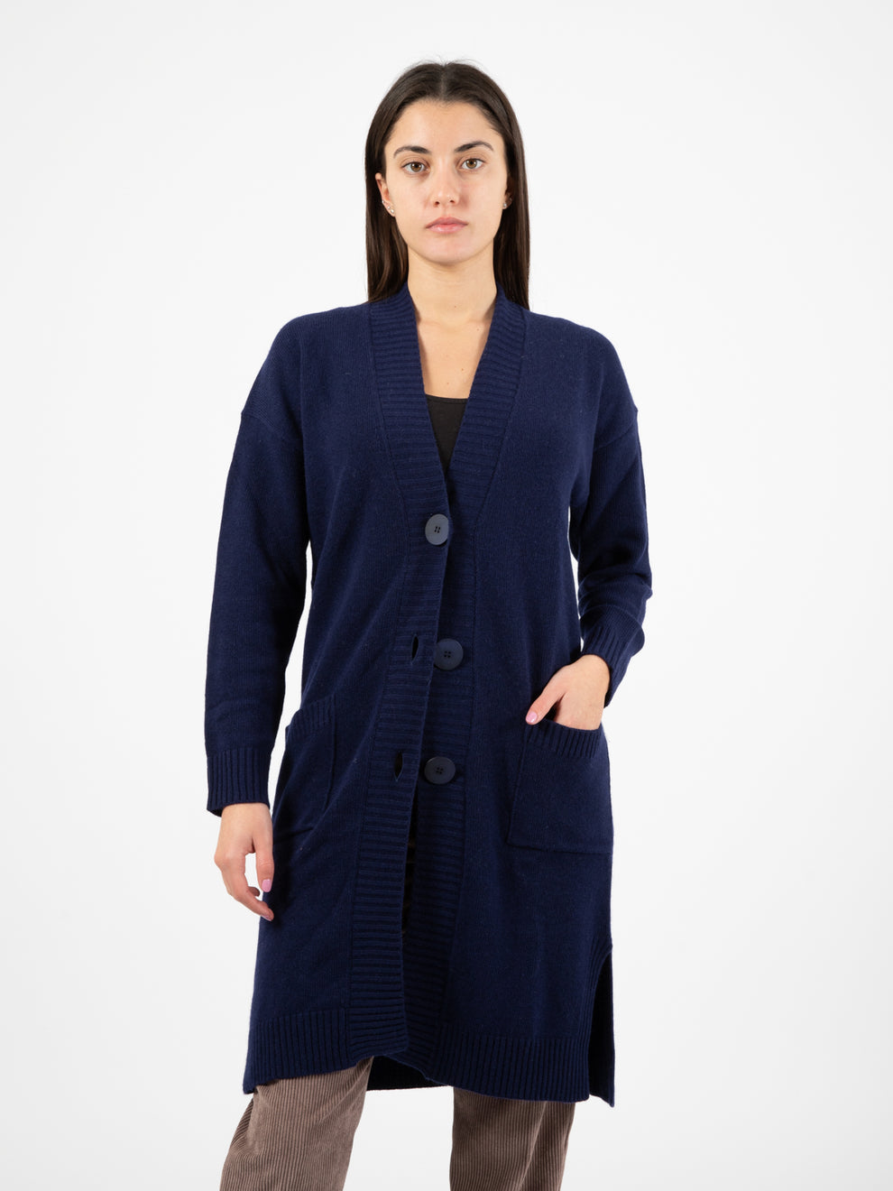 Long cardigan with blue buttons