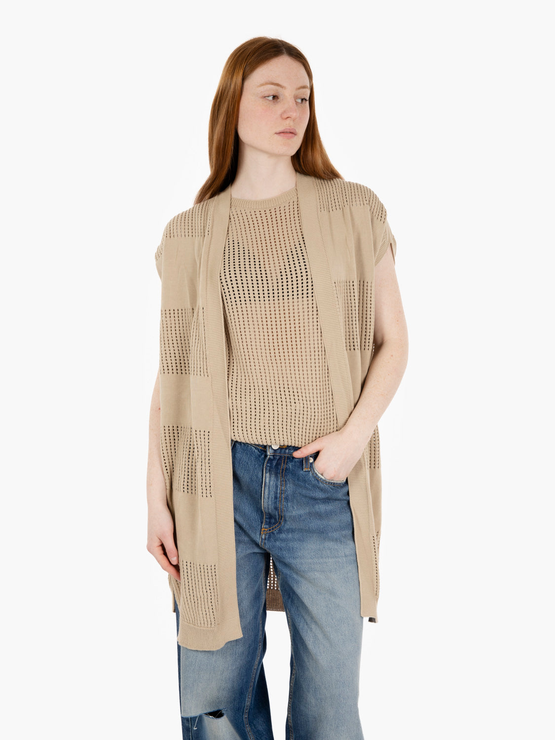 Beige openwork knitted cardigan