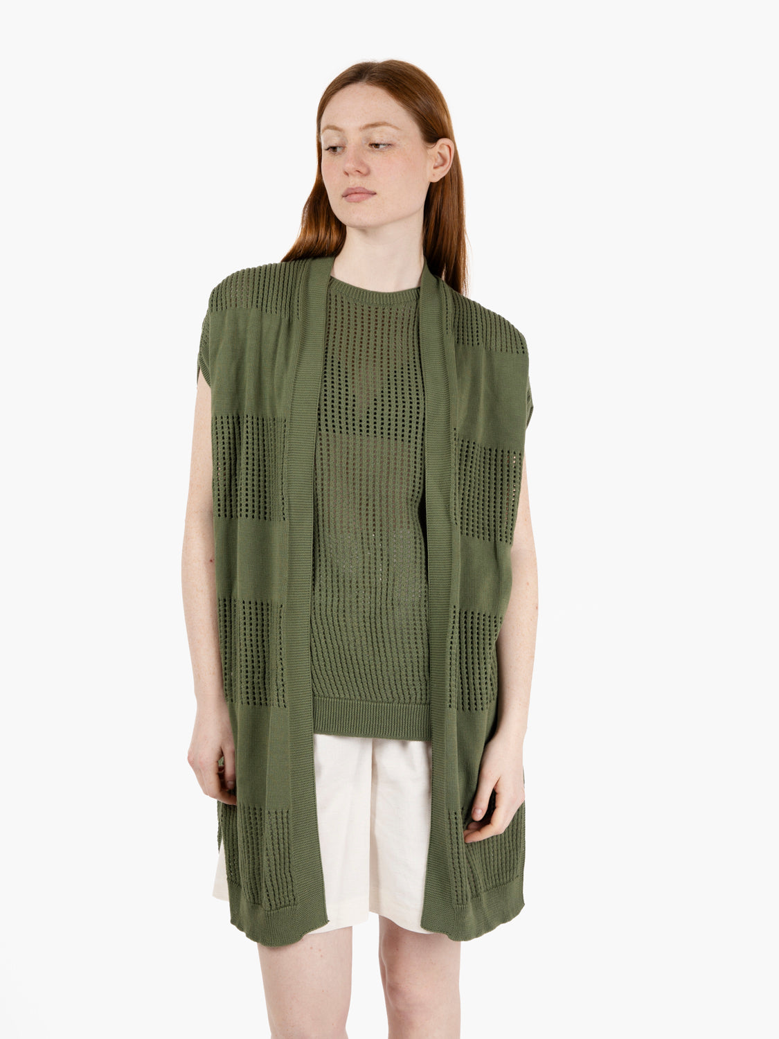 Military green openwork short-sleeved cardigan