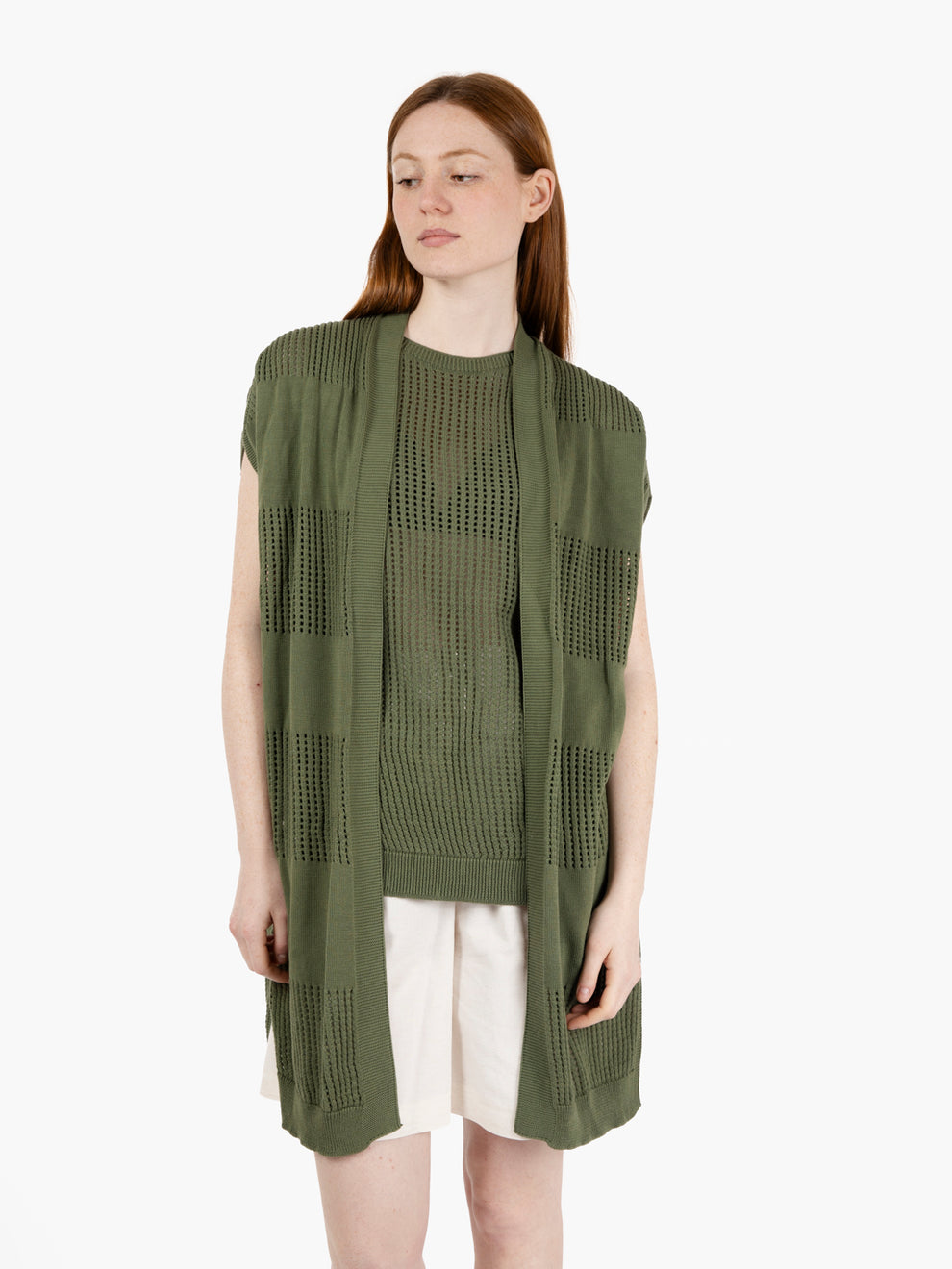 Military green openwork short-sleeved cardigan