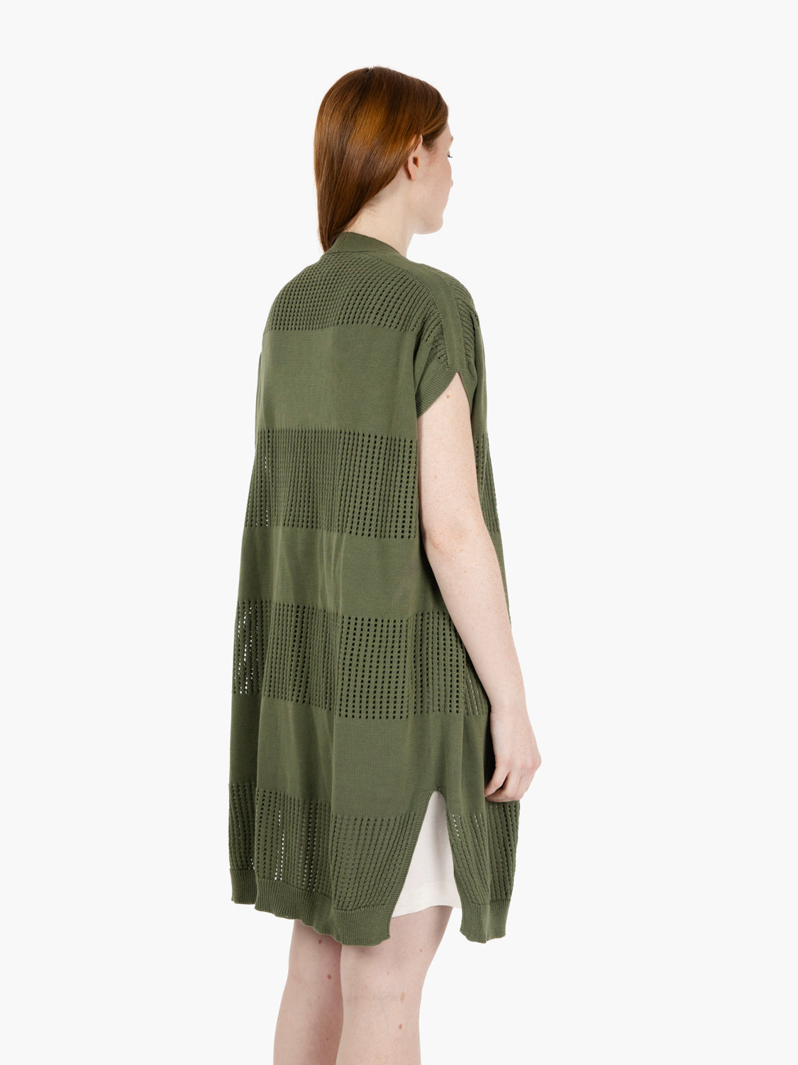 Military green openwork short-sleeved cardigan