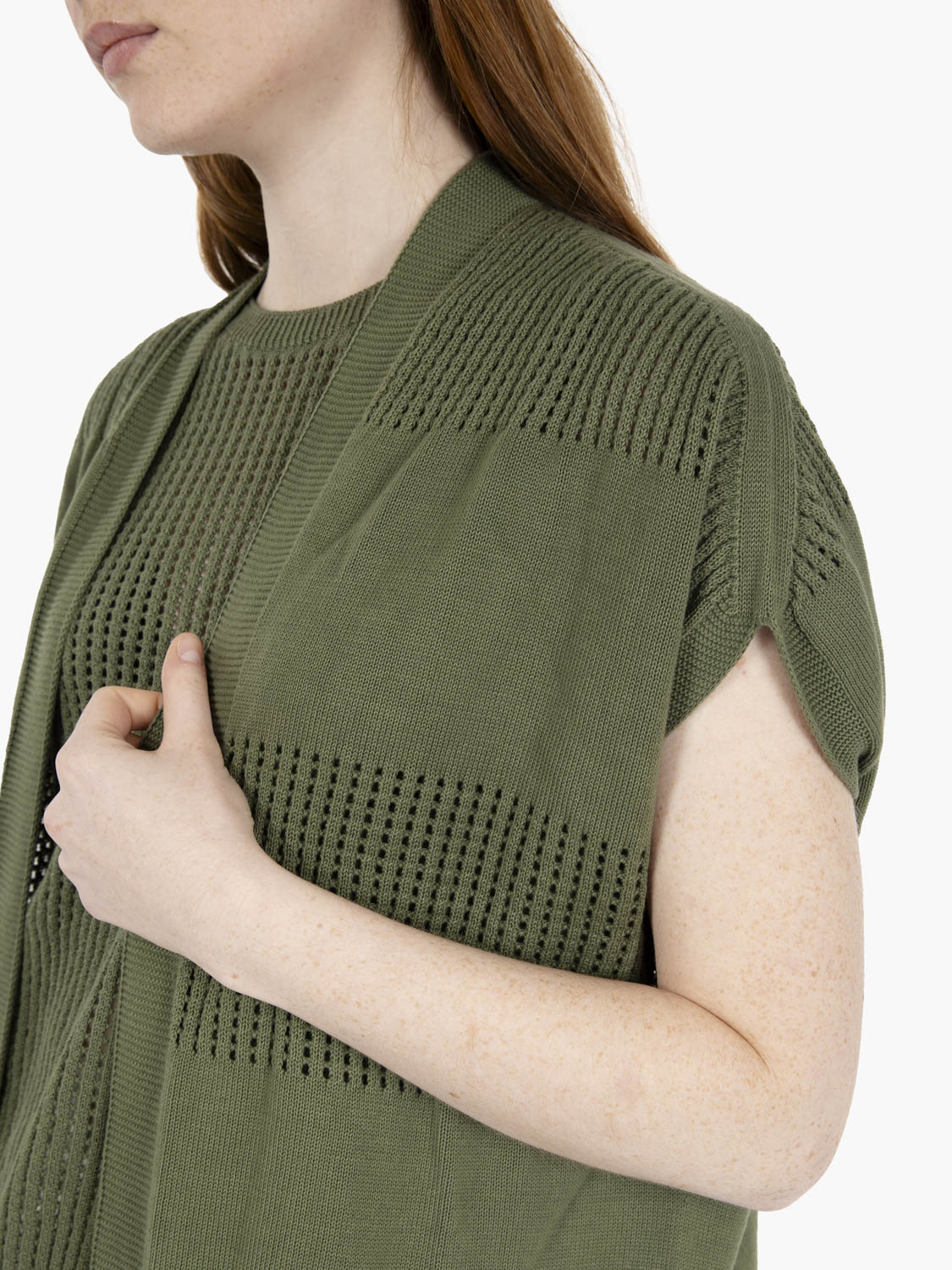 Military green openwork short-sleeved cardigan