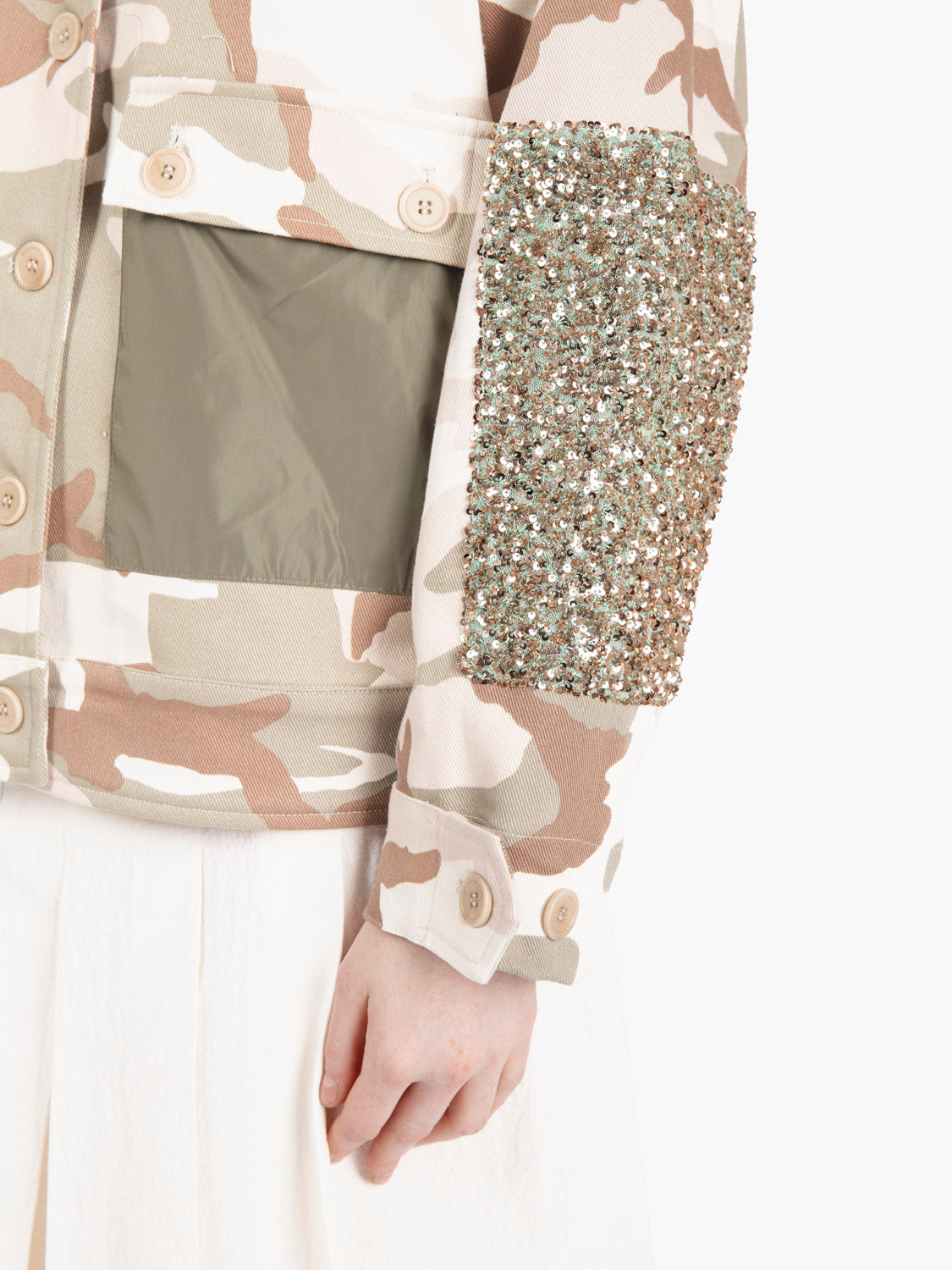 Camouflage jacket with green sequins