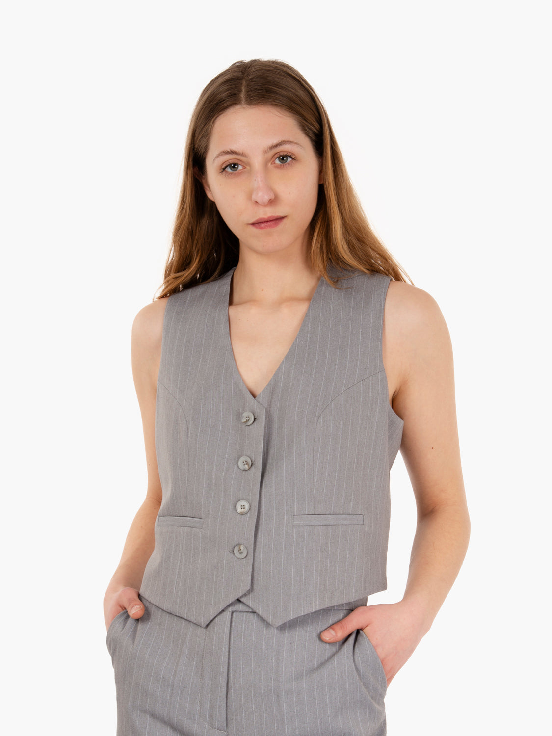 Gilet corto gessato grigio