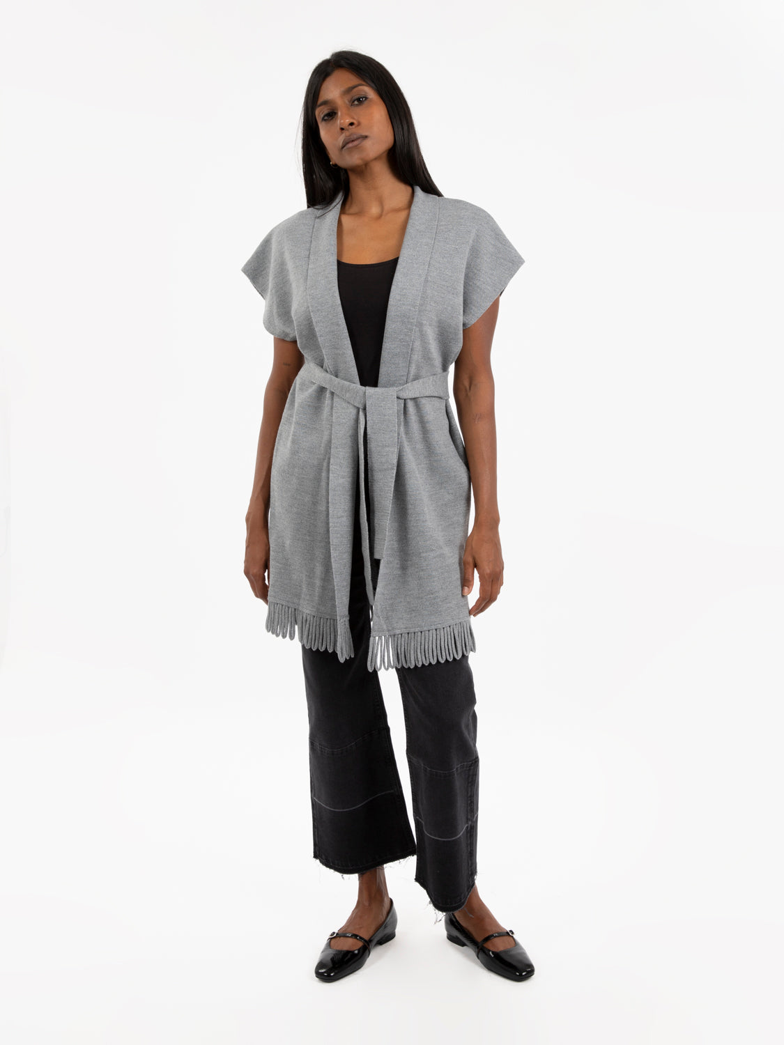 Light grey fringed knitted vest