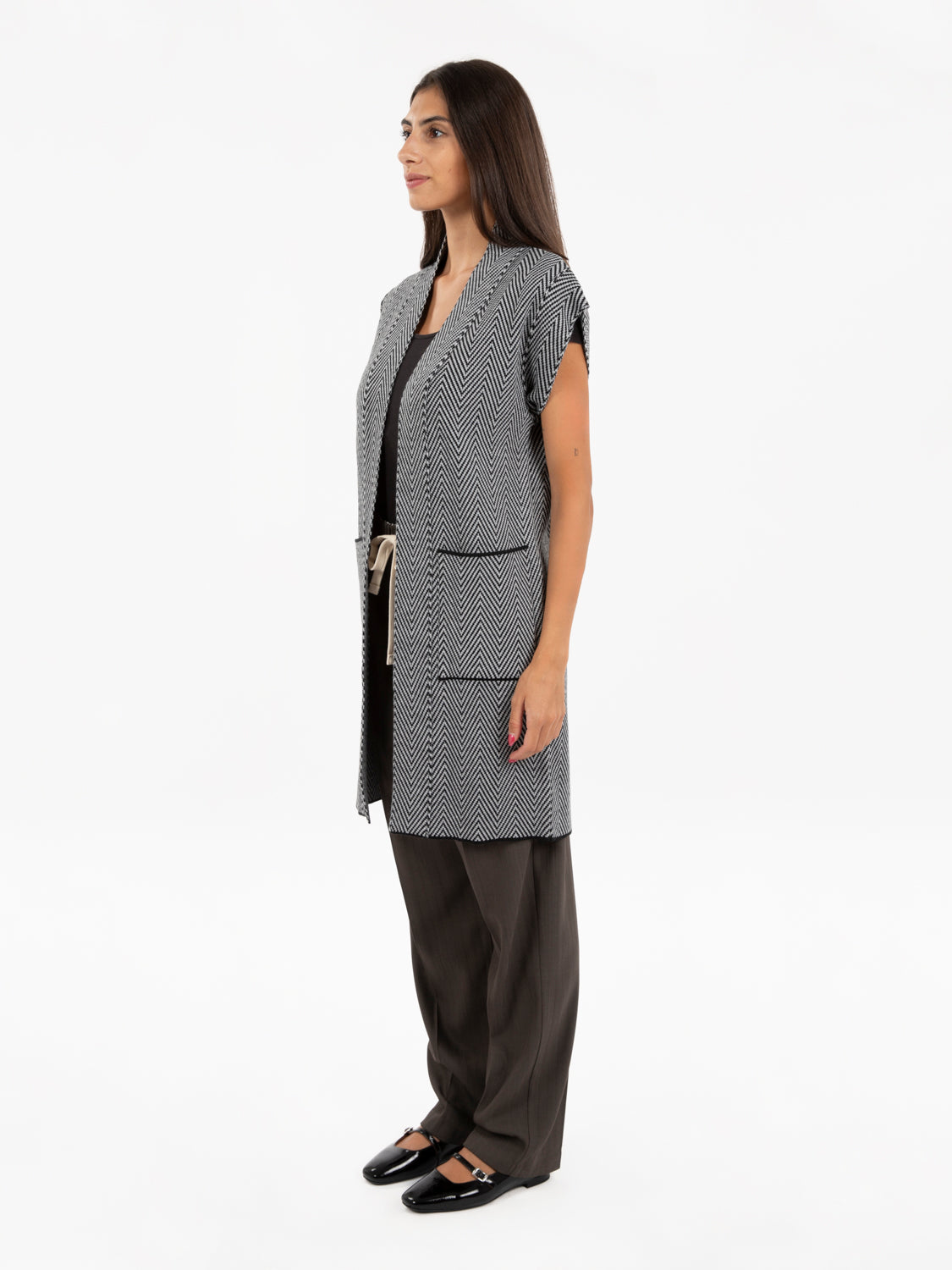 Long black/grey herringbone vest