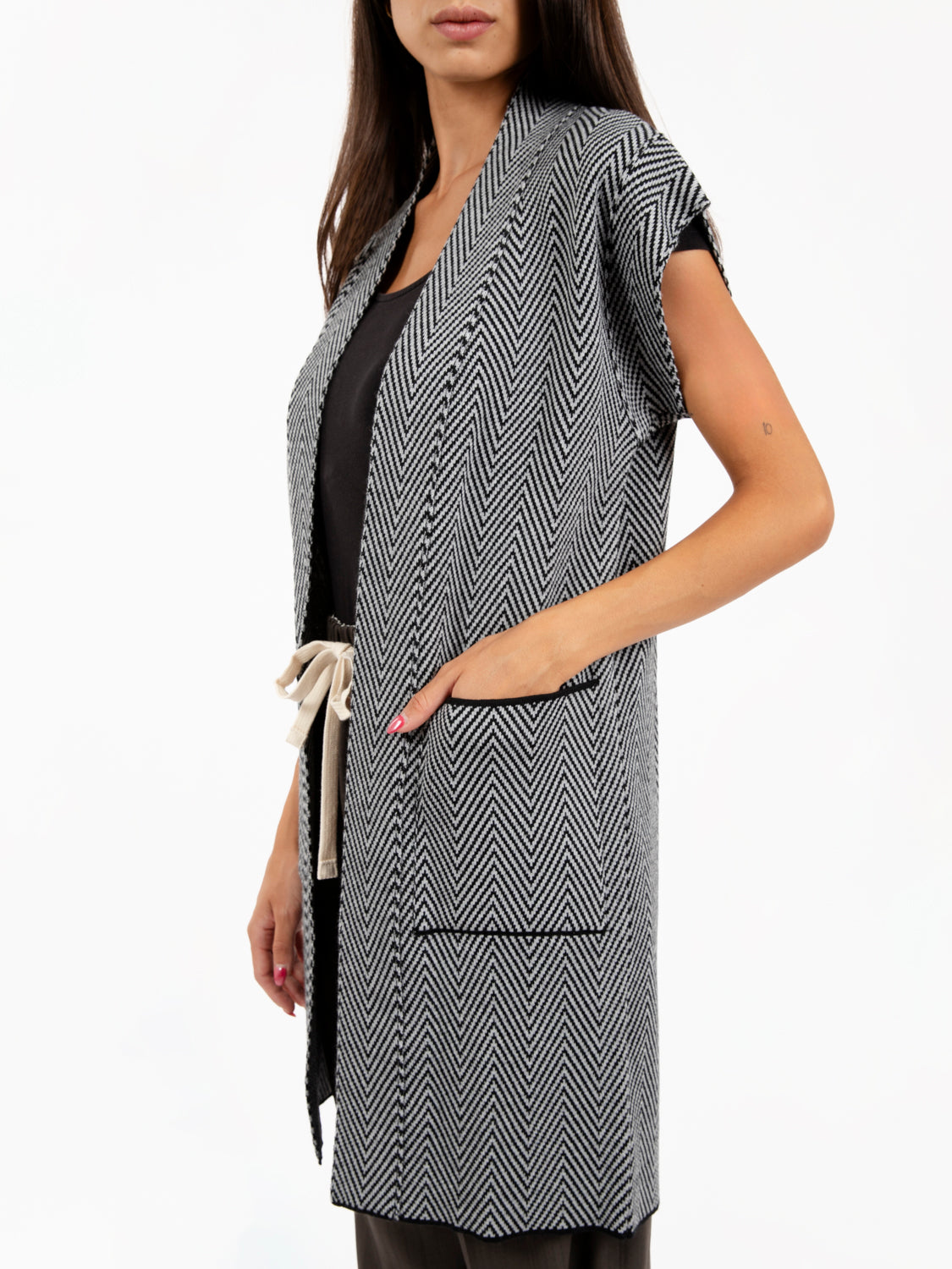 Long black/grey herringbone vest