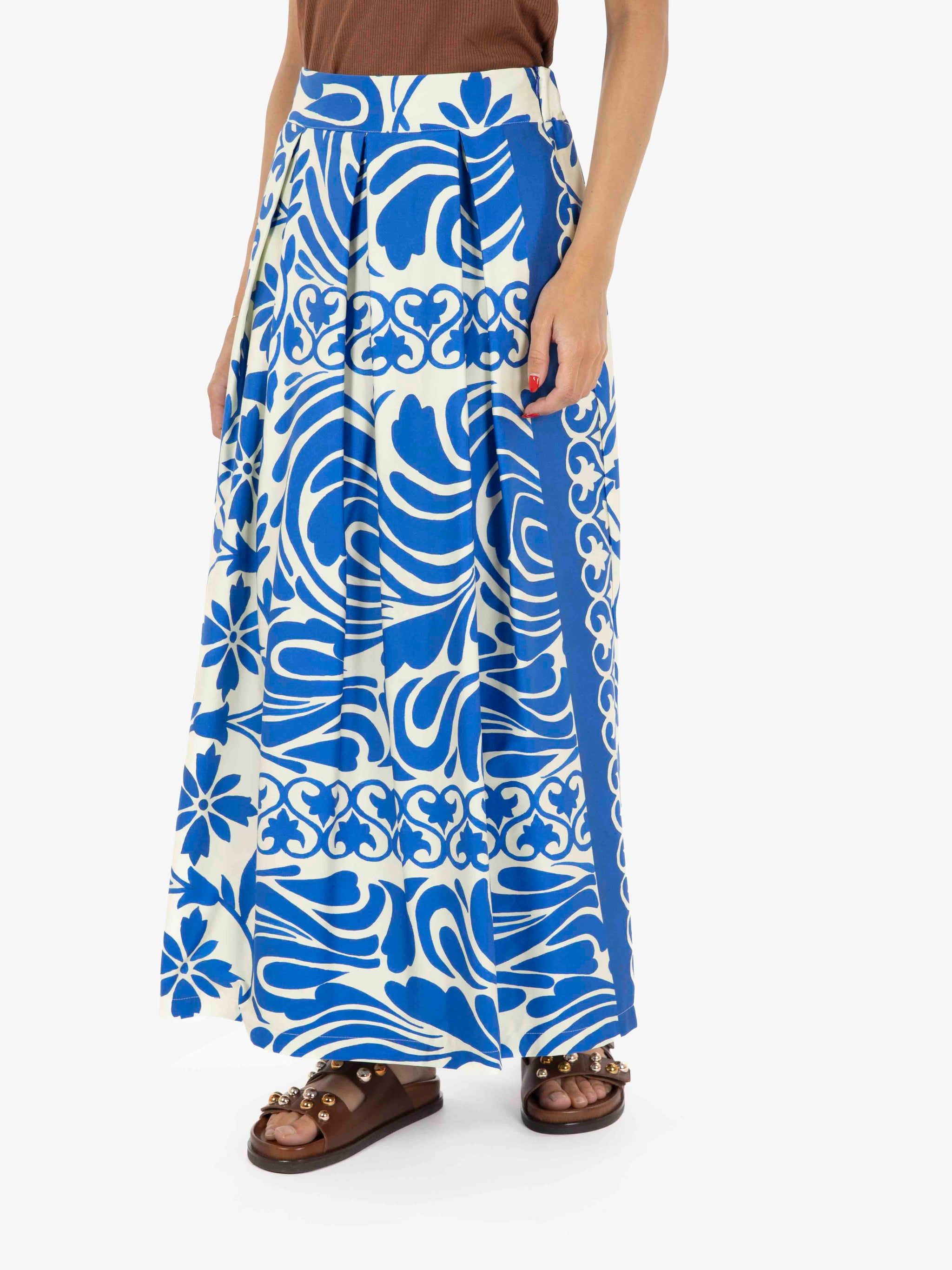 Long blue patterned skirt