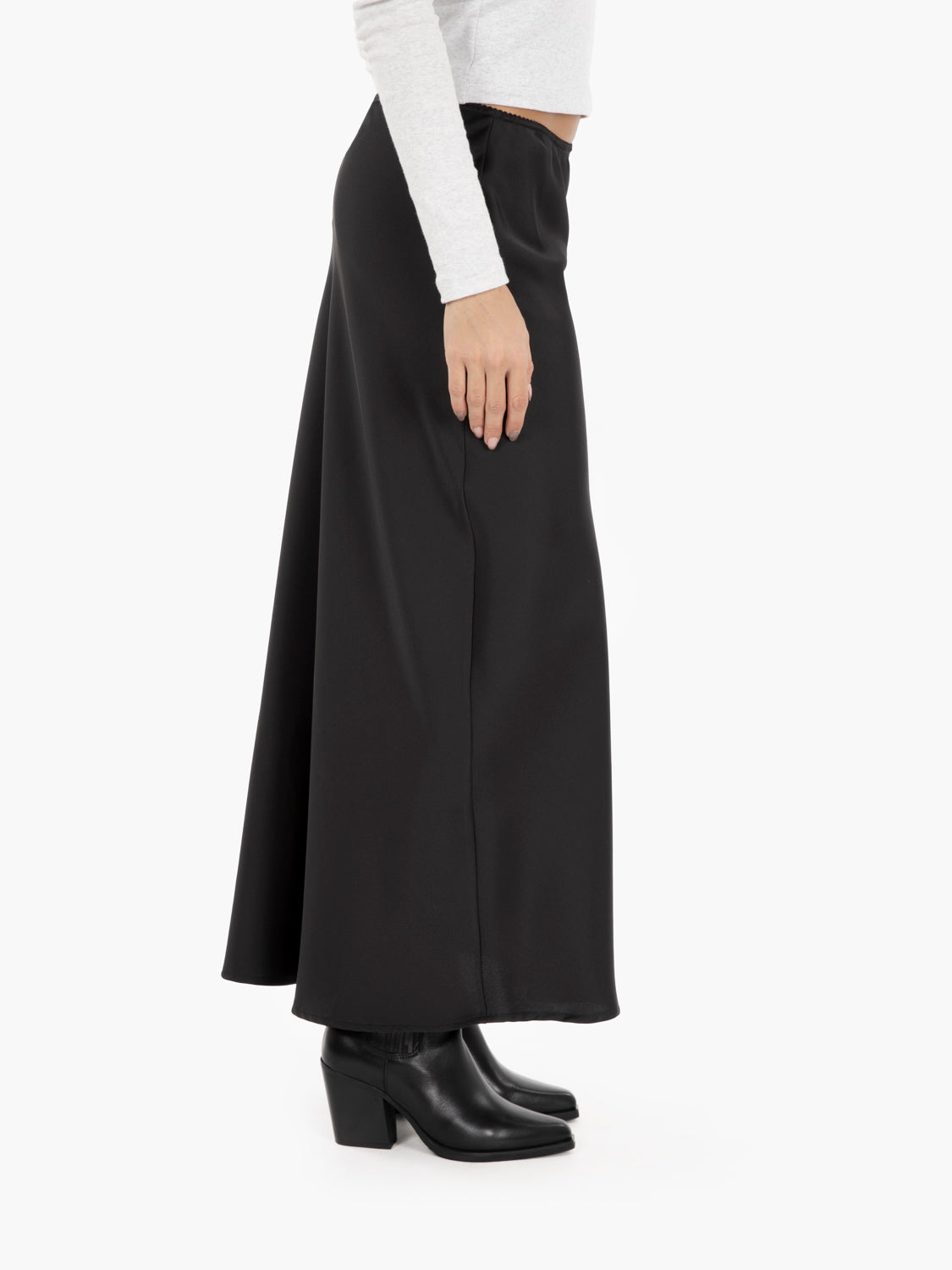 Black satin midi skirt