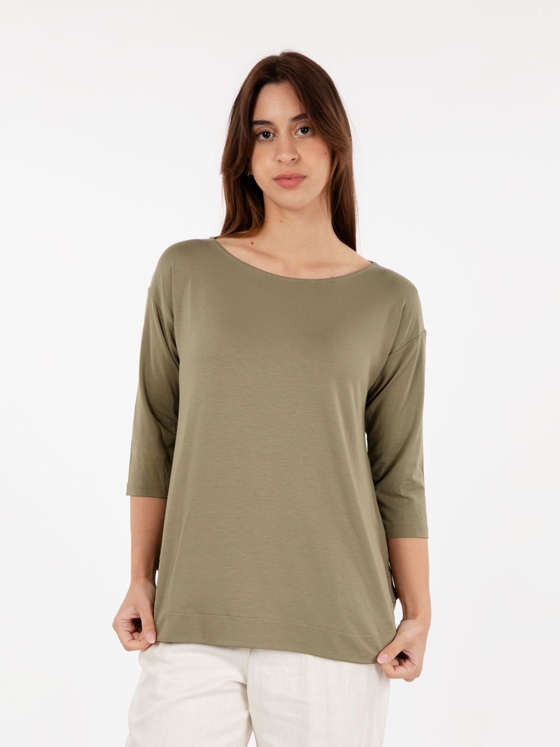 Maglia a 3/4 con scollo a barca verde militare