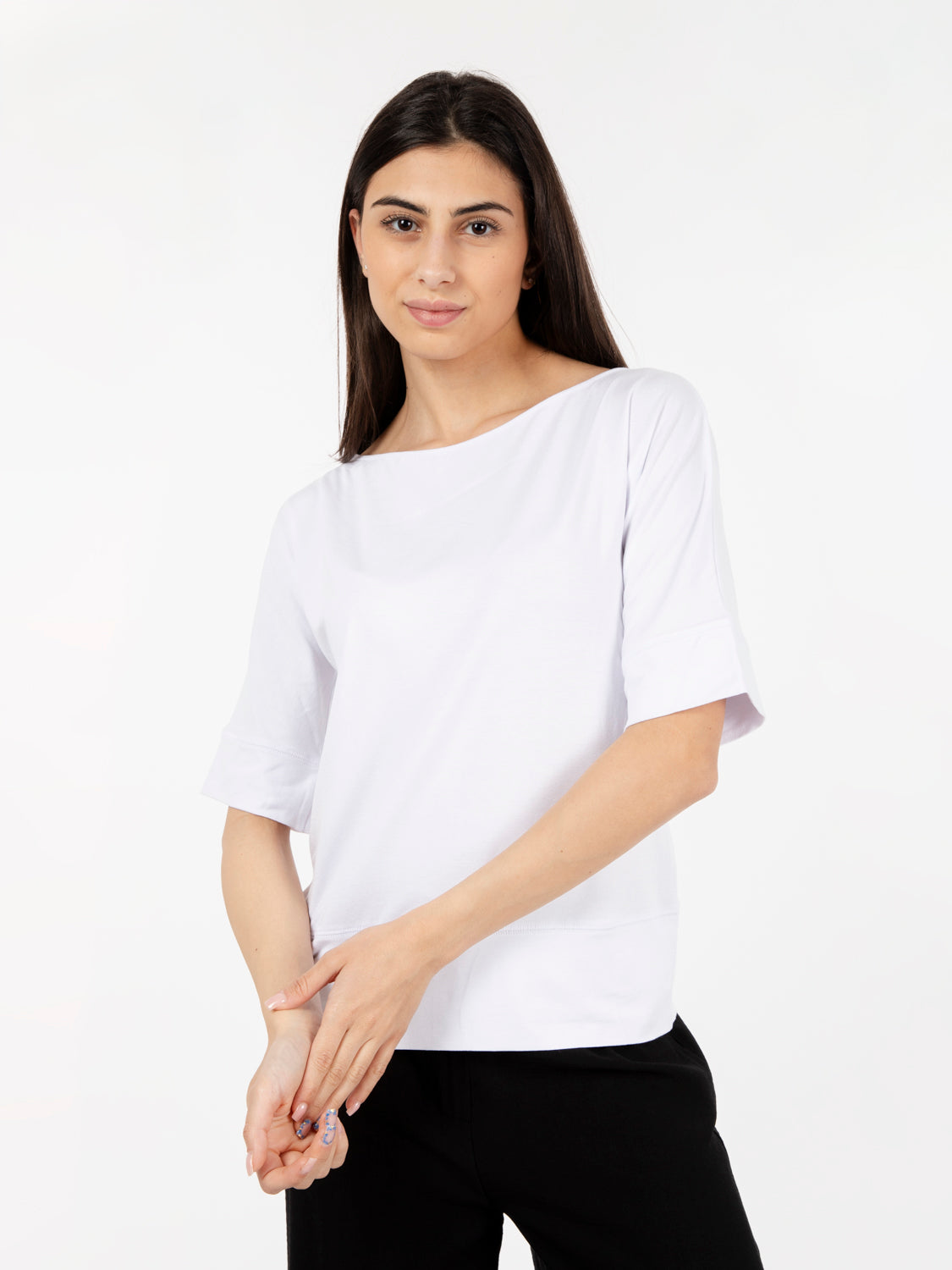 White high-waisted 3/4 length sweater