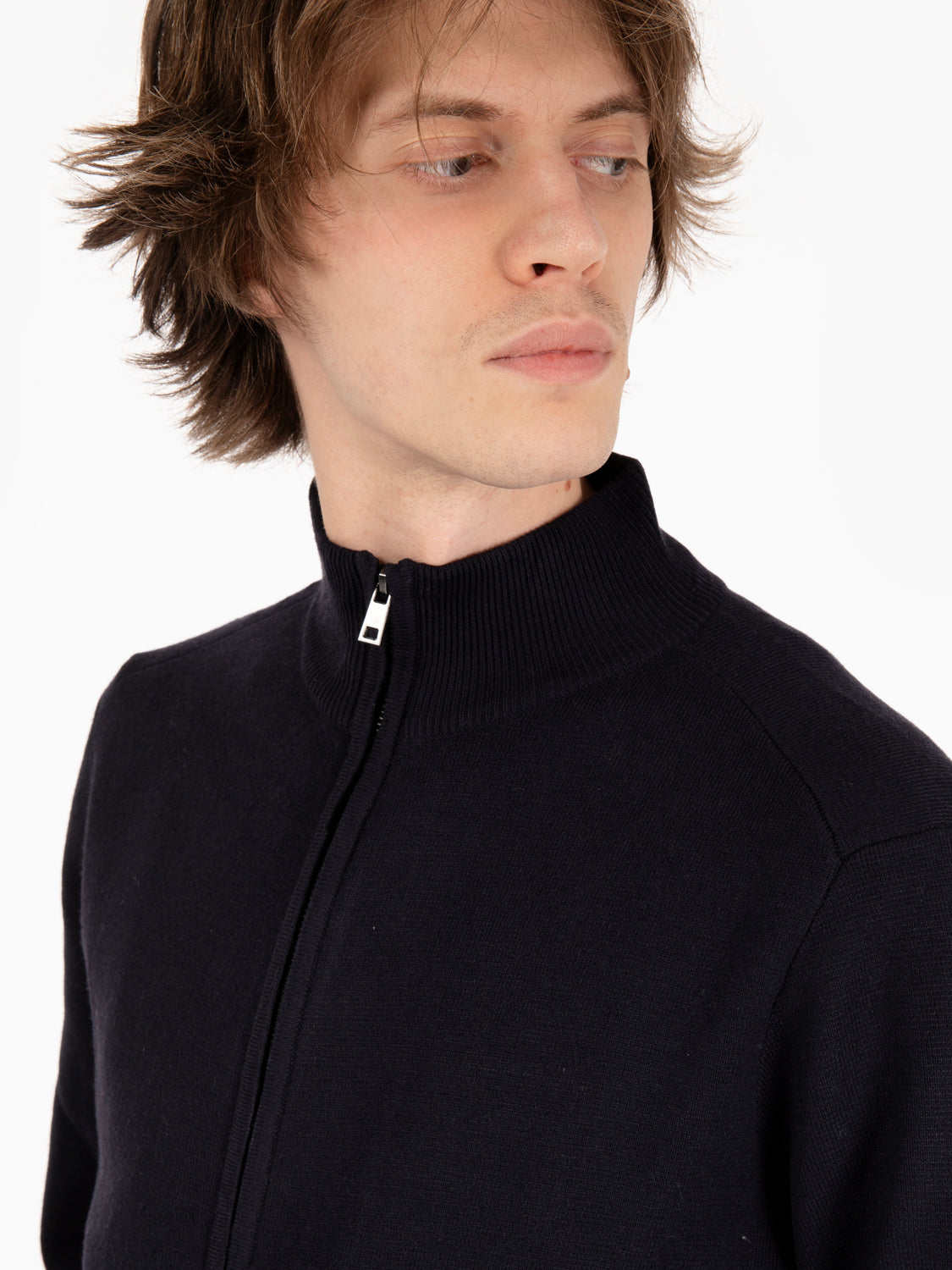 Maglia full zip misto lana navy