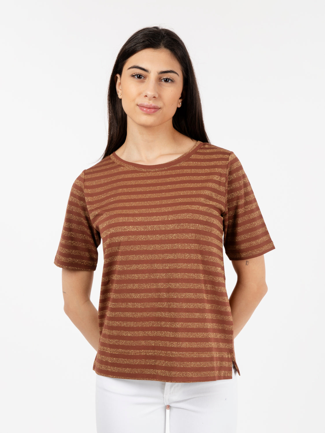 Maglia girocollo a righe lurex oro / tabacco