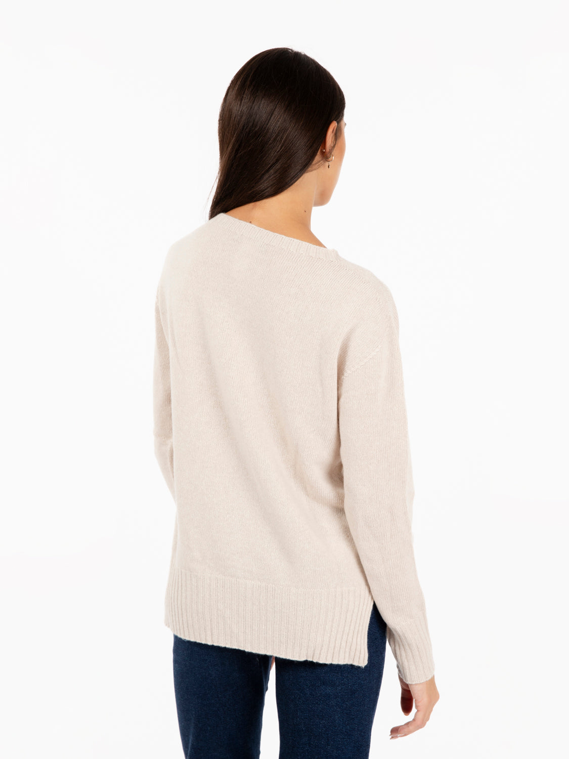 Beige crew neck sweater with side slits